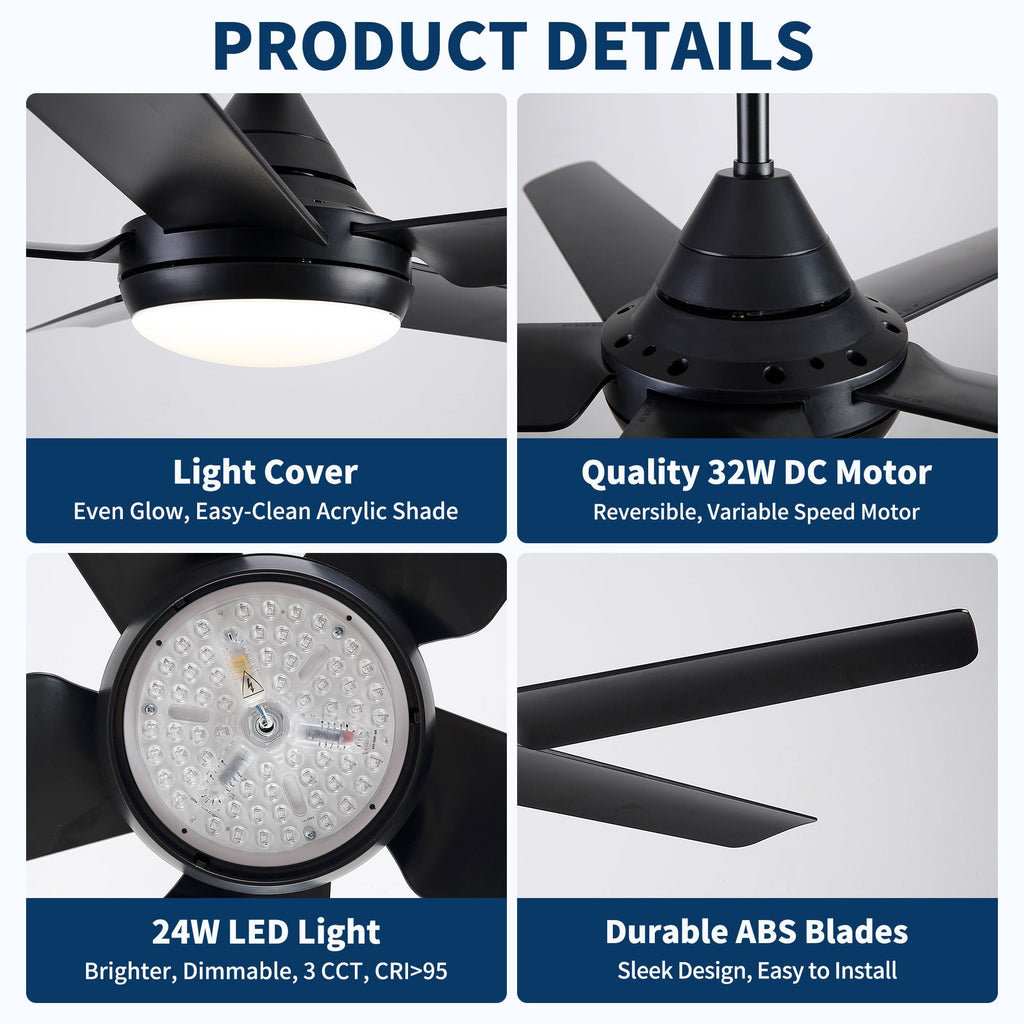 48" Black Ceiling Fan with Dimmable LED Light and Remote Control - Reversible Motor