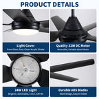 48" Black Ceiling Fan with Dimmable LED Light and Remote Control - Reversible Motor