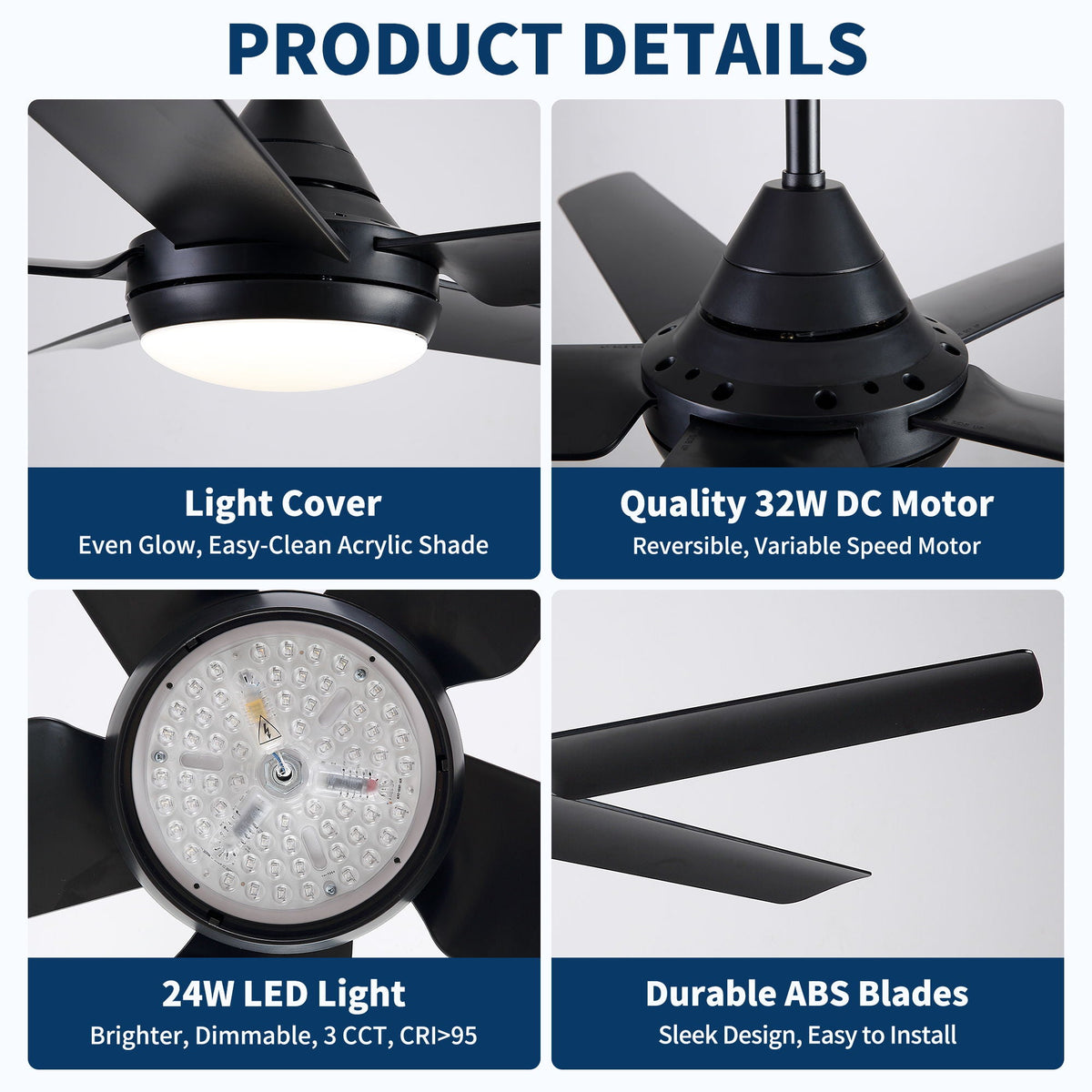 48" Black Ceiling Fan with Dimmable LED Light and Remote Control - Reversible Motor