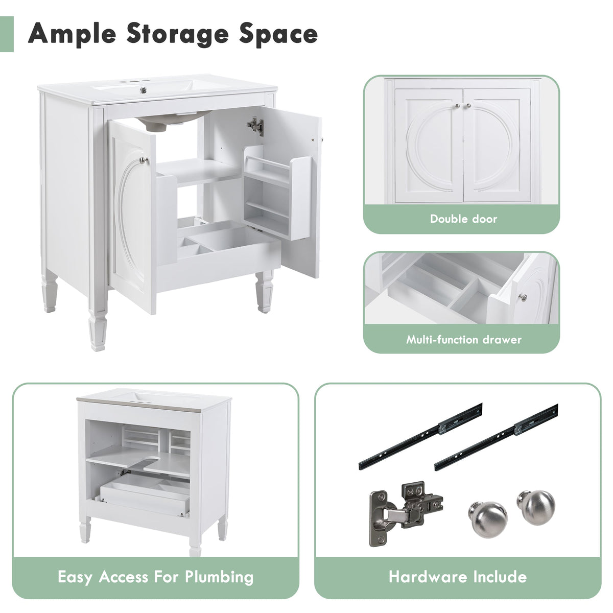 30" No Assembly Needed Vintage Bathroom Vanity with Spacious Storage - Vintage Finish
