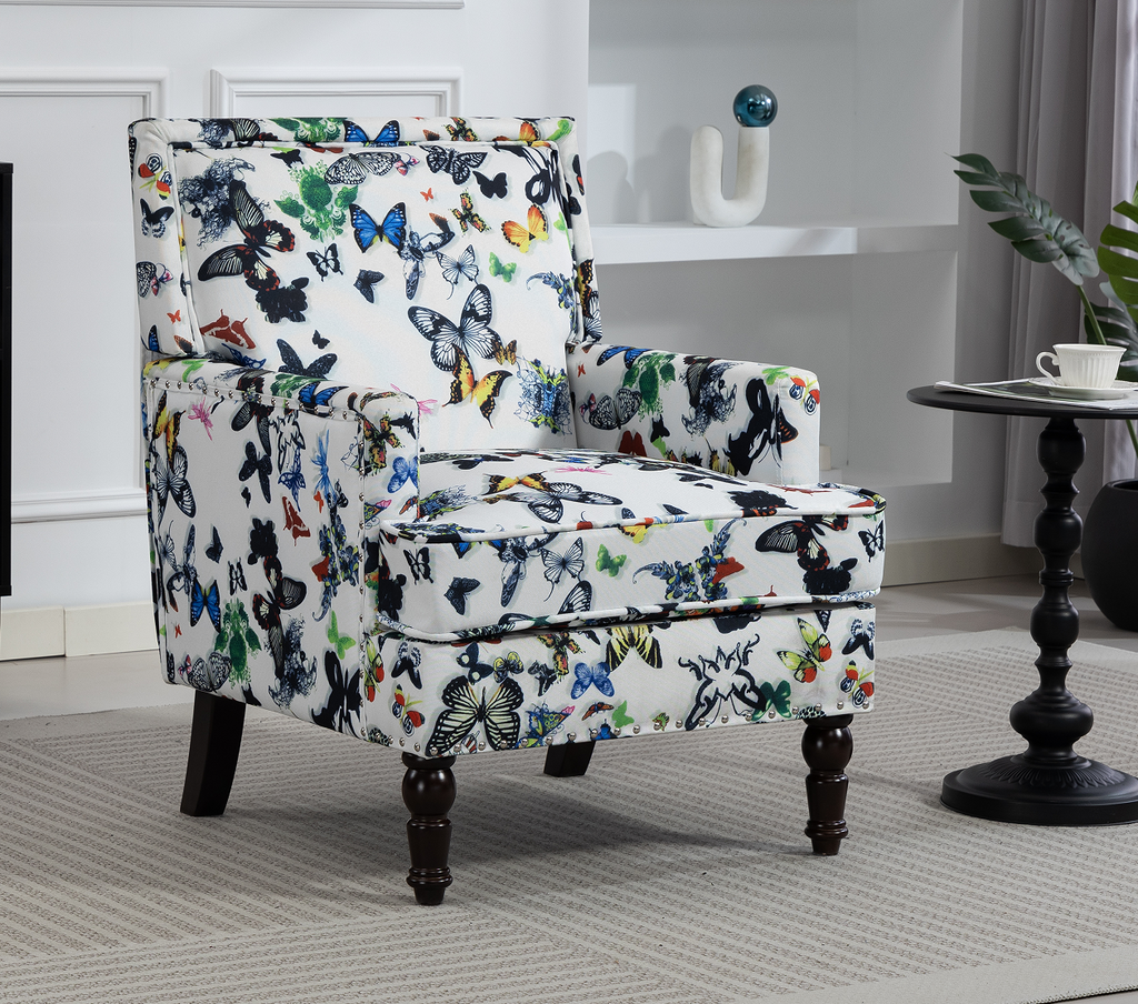 Upholstered Accent Chair with Solid Wood Legs - Vintage Armchair - Blue and White