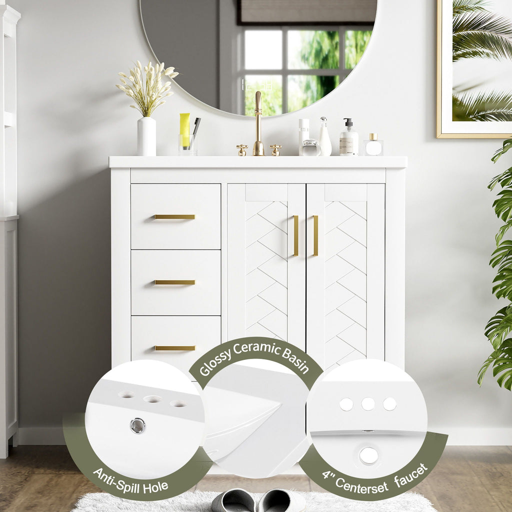 Ceramic Sink Vanity Combo with 3 Drawers and Soft Closing Doors - 30"