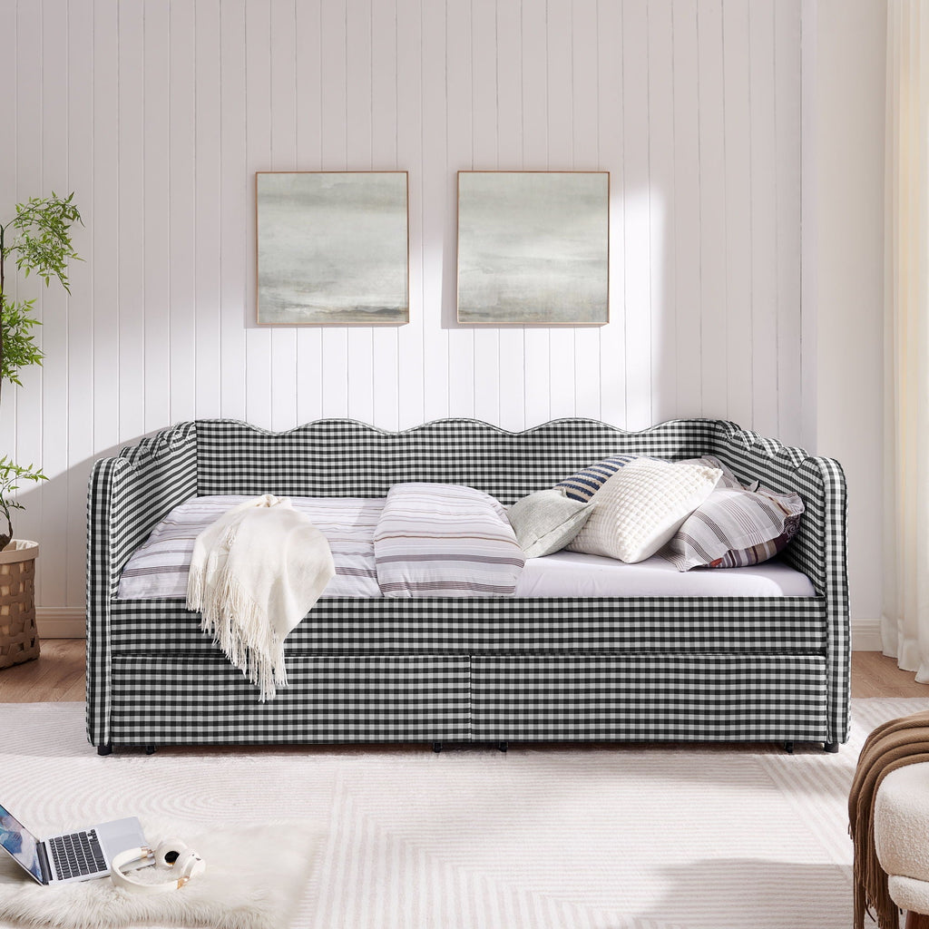 Gingham Daybed with USB Charging Port and Wave-Shaped Design - Multiple Colors
