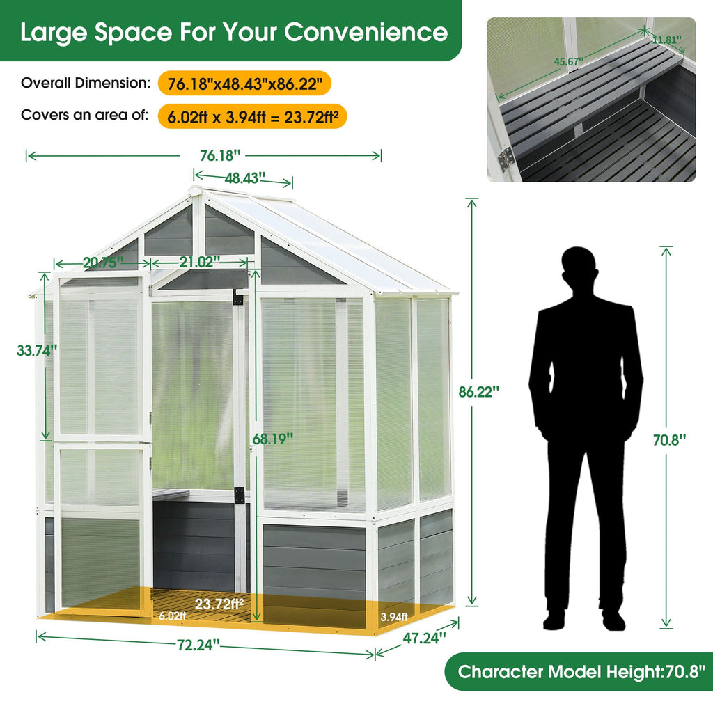 Wooden Greenhouse with Polycarbonate Panels - White / Gray