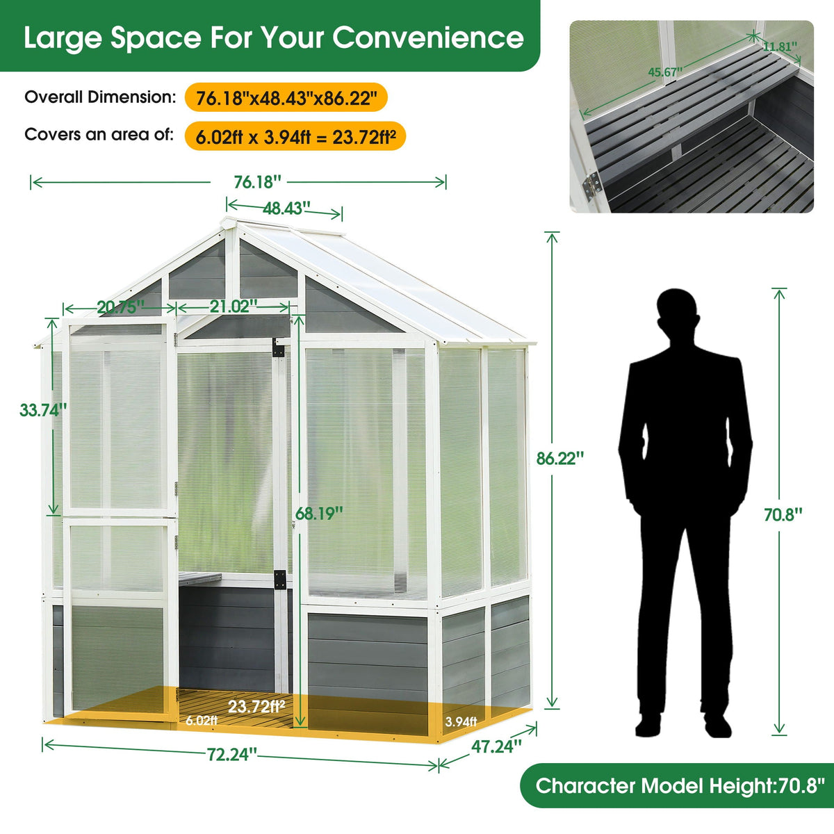Wooden Greenhouse with Polycarbonate Panels - White / Gray