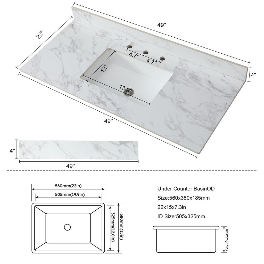 Elegant Sintered Stone Bathroom Vanity Top with Rectangular Undermount Ceramic Sink - White