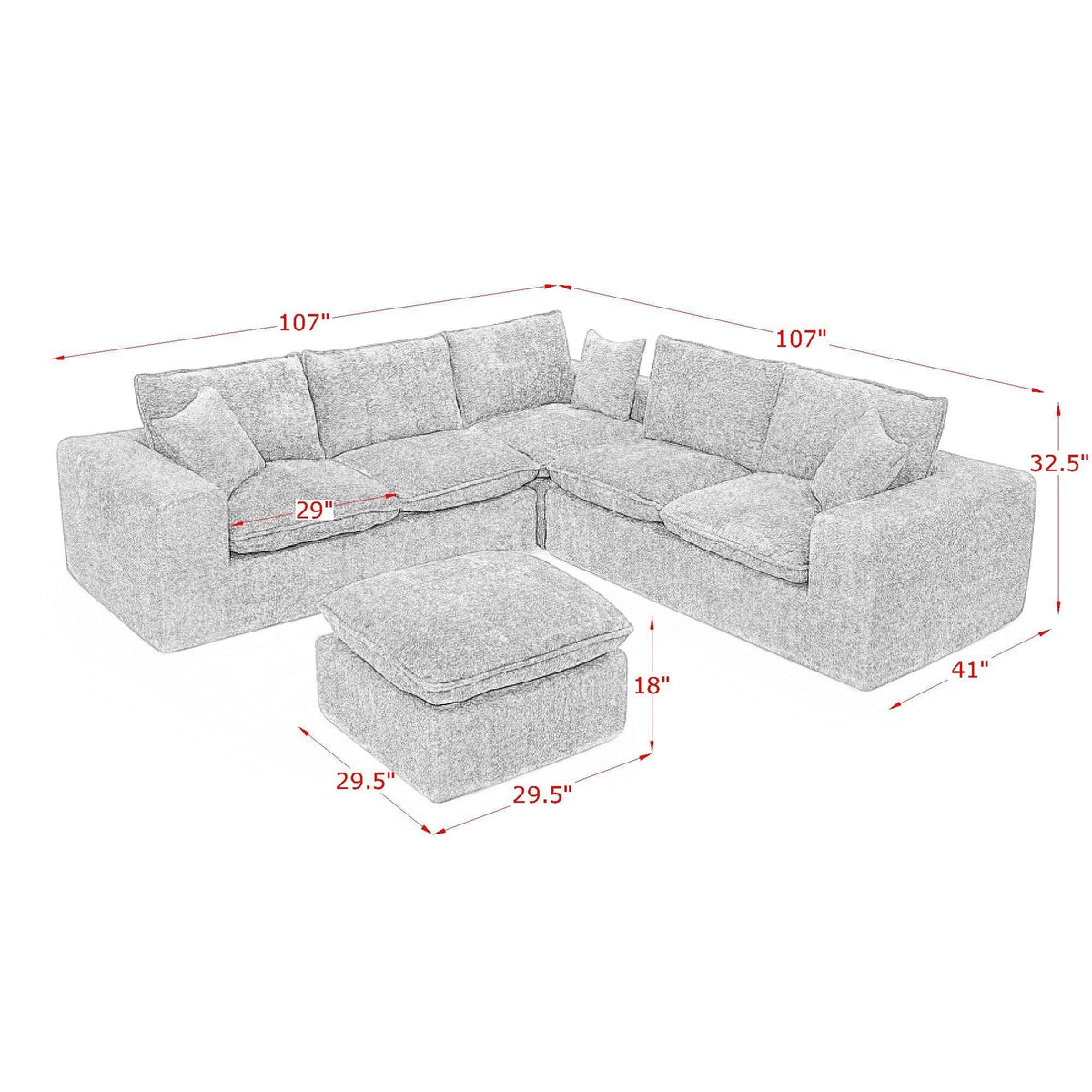 Sectional Sofa with Moveable Ottoman and Modular Design - Multiple Colors