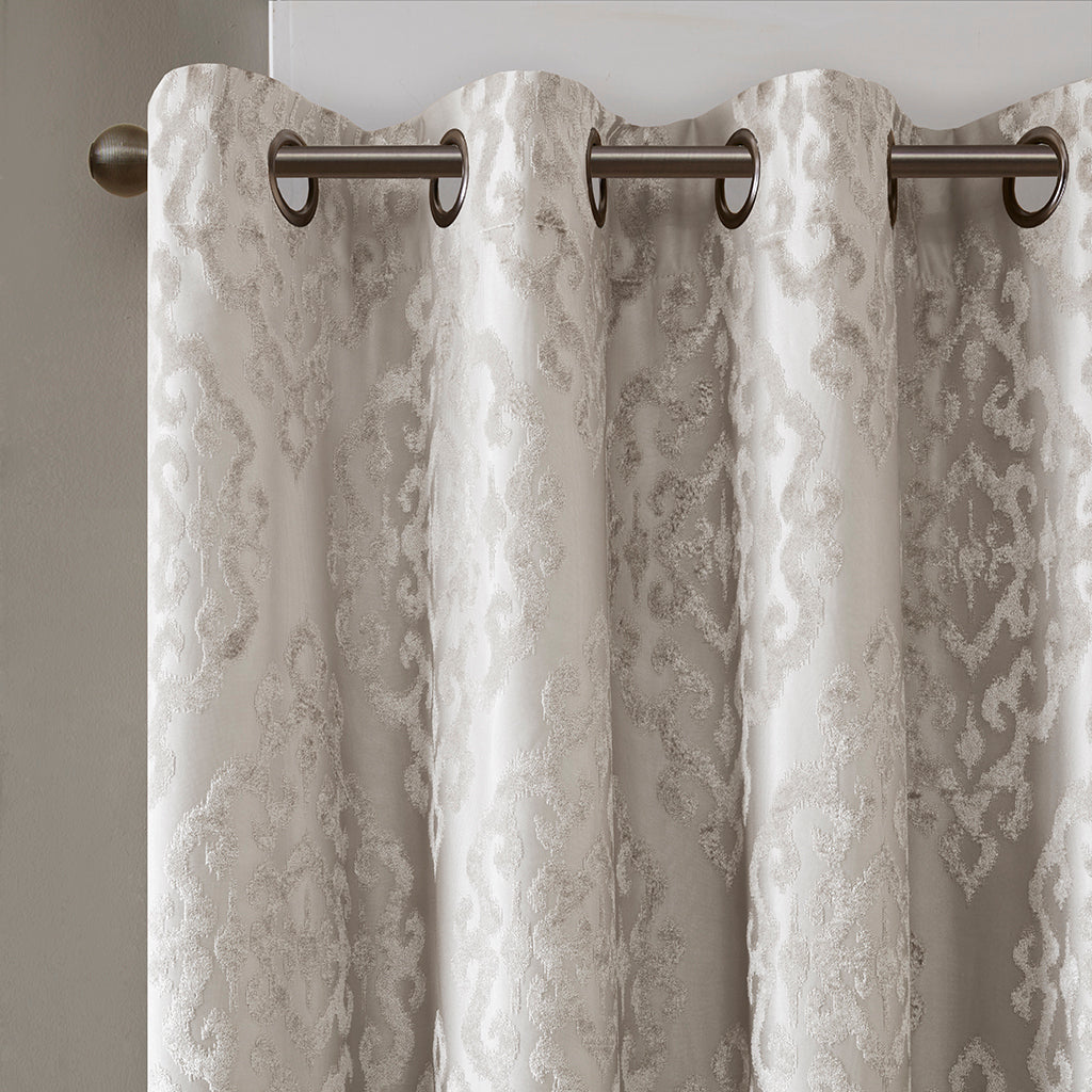 Knitted Jacquard Damask Total Blackout Curtain Panel with Silver Grommets - Silver