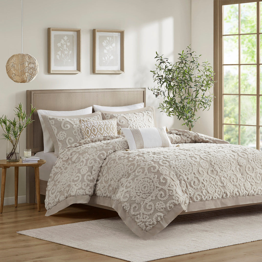Taupe Cotton Comforter Mini Set with Tufted Chenille Embroidery - King