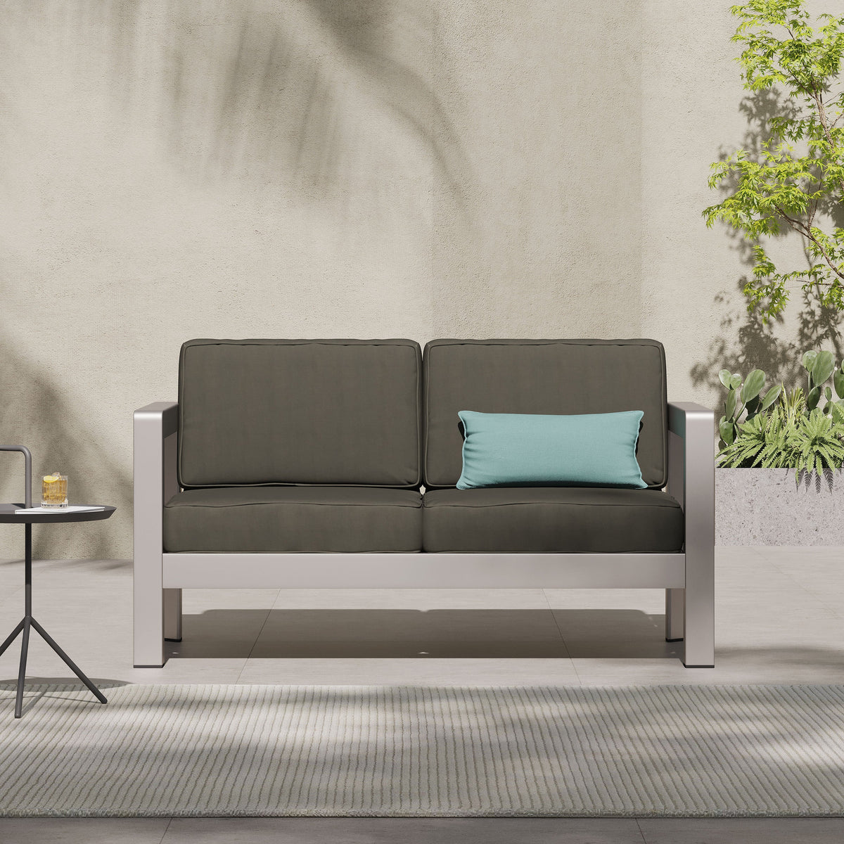 Outdoor Aluminum Loveseat with Deep Cushions - Silver