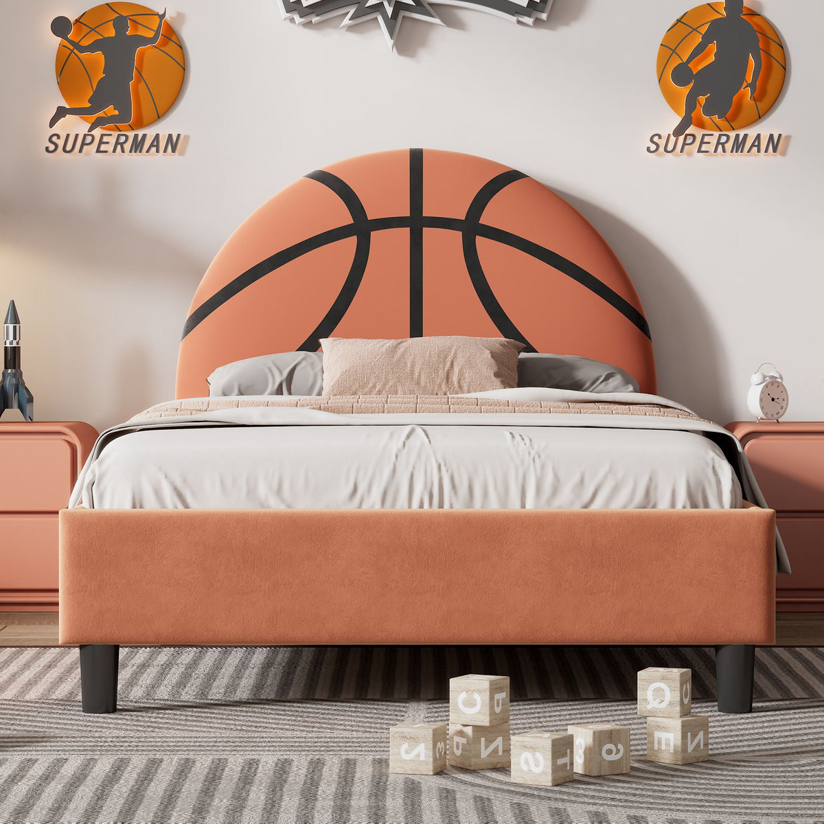 Basketball Design Upholstered Twin Platform Bed with Sport Style Headboard - Orange