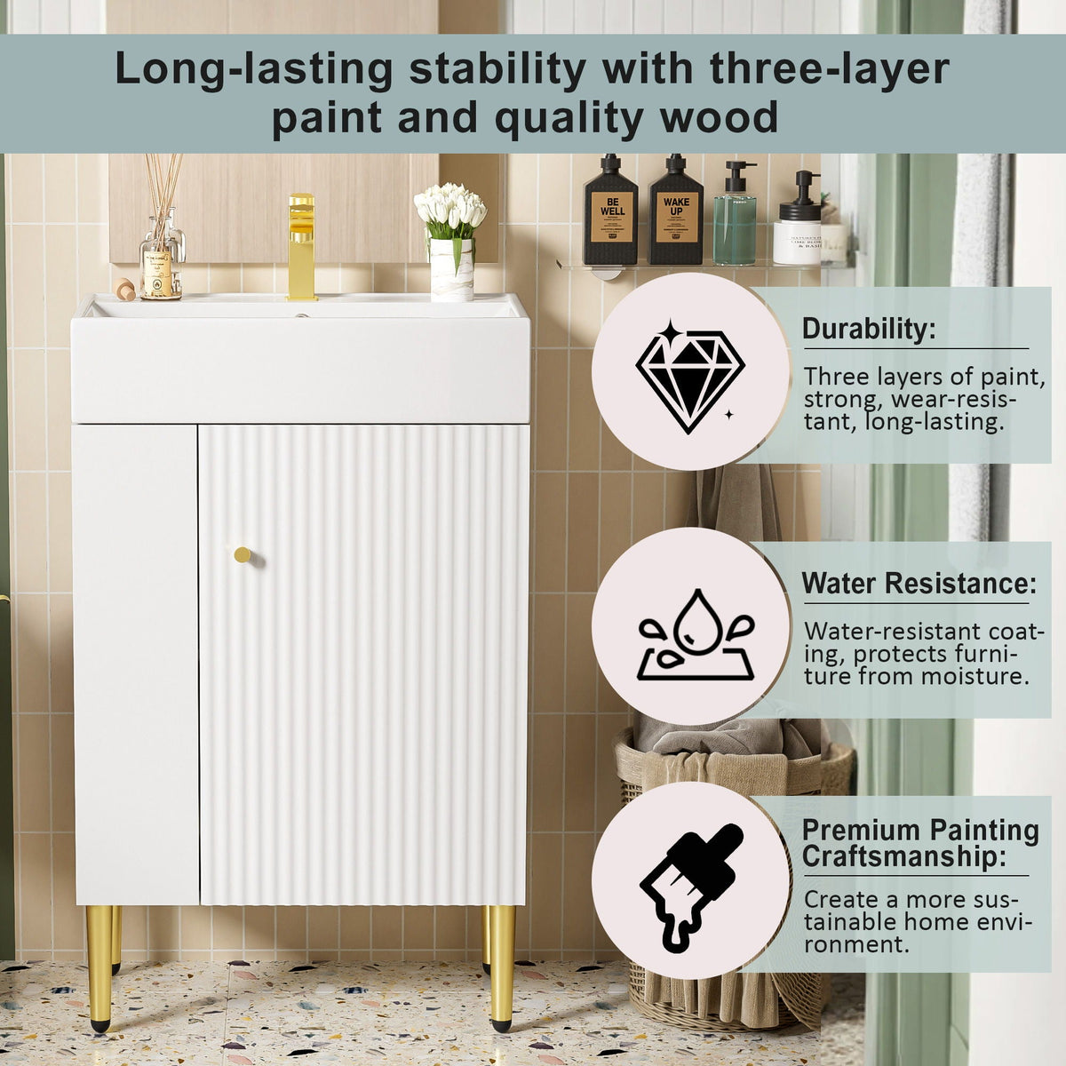 Bathroom Vanity with Single Ceramic Sink and Side Storage - Multiple Colors