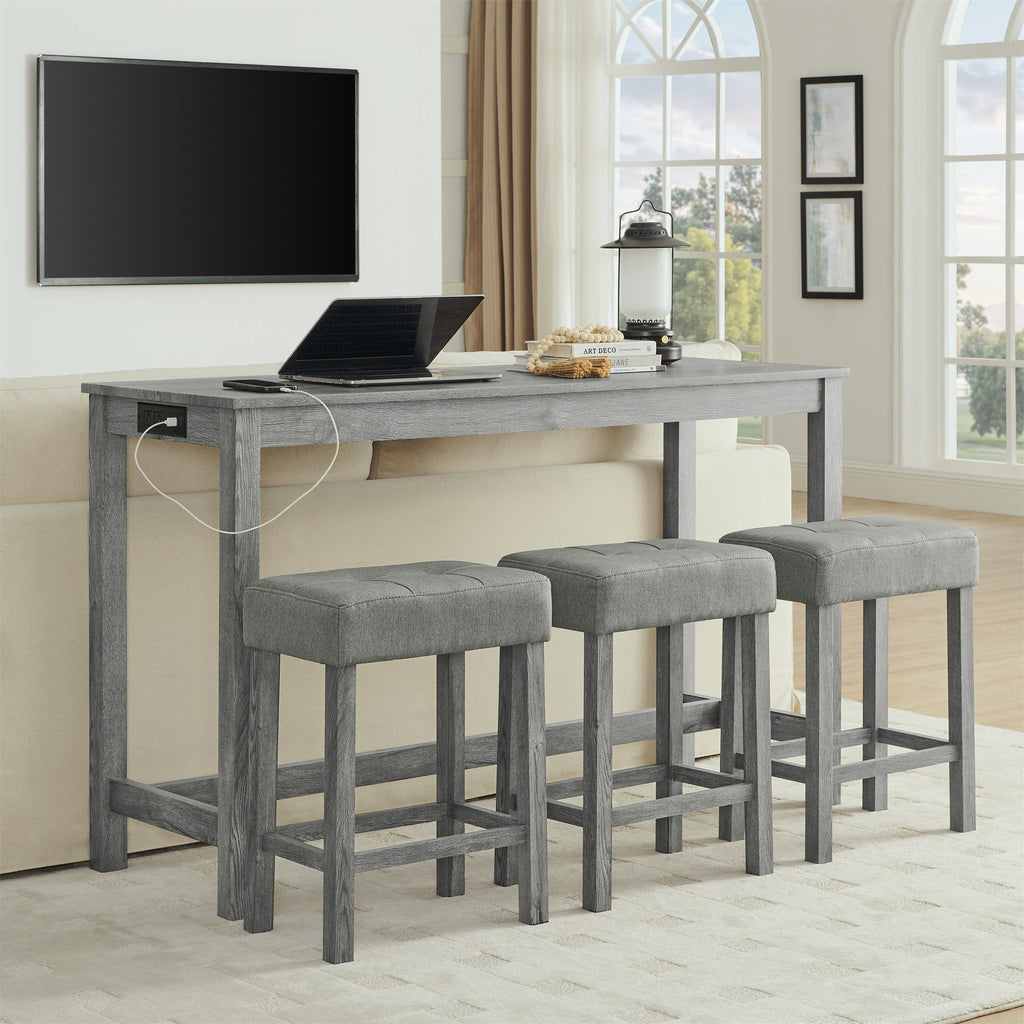 59 Inch Bar Table and Chair Set with Power Outlet - Solid Wood & MDF