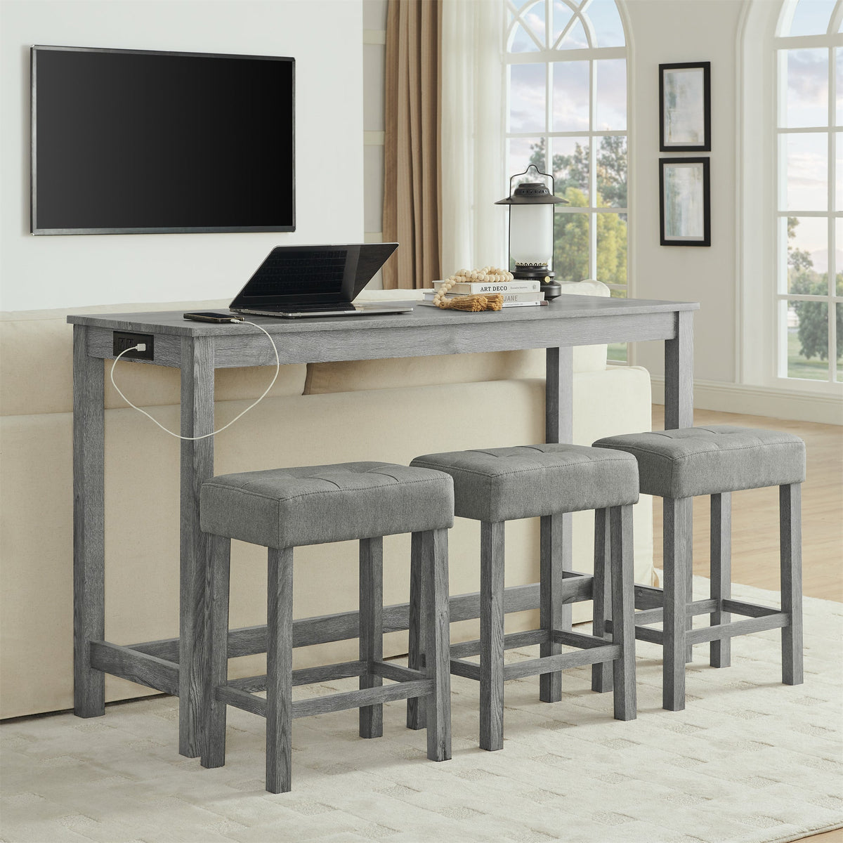 59 Inch Bar Table and Chair Set with Power Outlet - Solid Wood & MDF