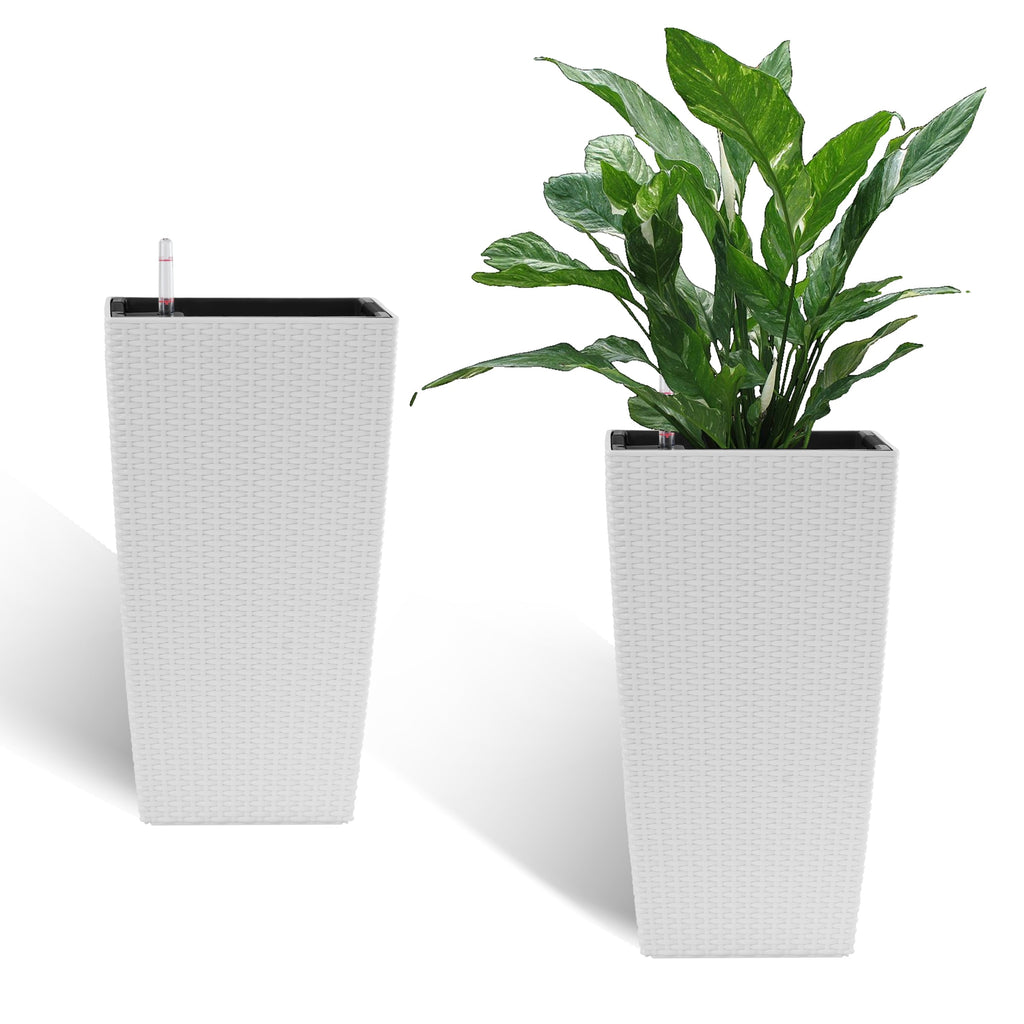 22.6-Inch Modern Faux Rattan Square Planter with Automatic Watering System - White