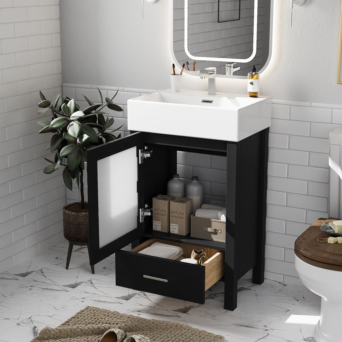 Bathroom Vanity with Ceramic Sink and Ample Storage - Blue, Green, or Black
