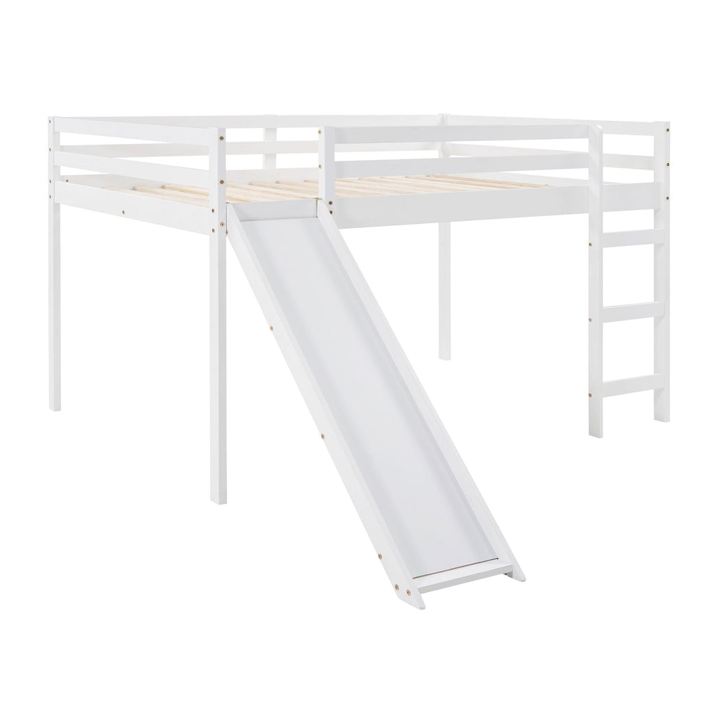 White Full Loft Bed with Slide - Multifunctional Design