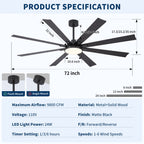 Large Ceiling Fan with Dimmable LED Light and Remote Control - Black or Dark Brown