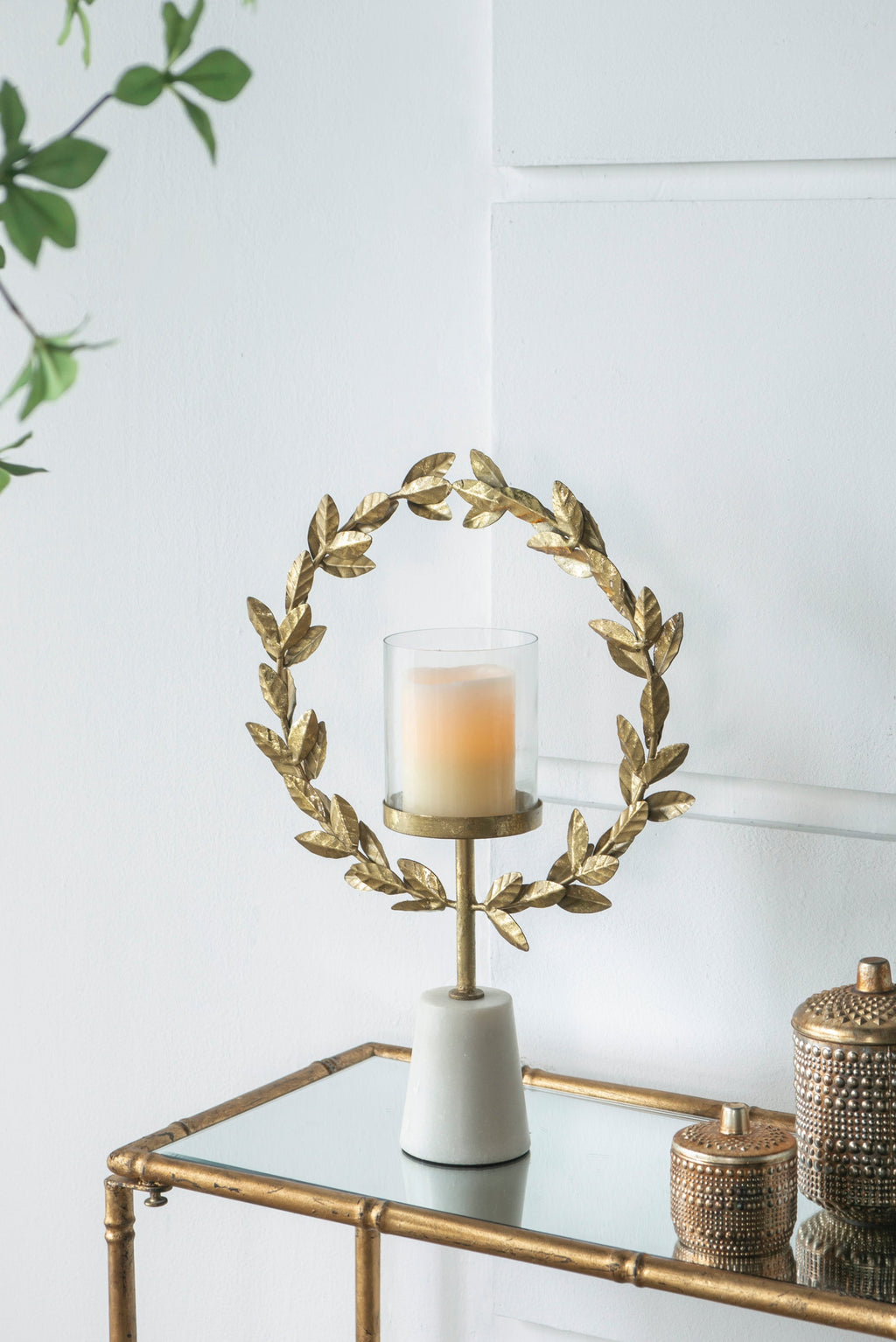 Iron Floral Hurricane Table Lamp with Marble Base - Gold & White
