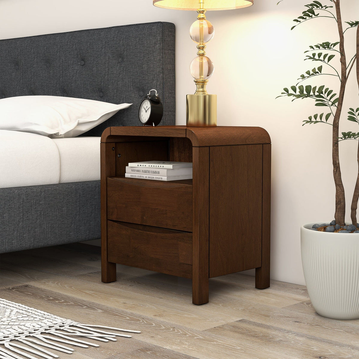 Brown 2-Drawer Nightstand with Solid Wood Construction