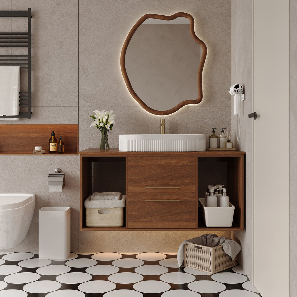 Wall-Mounted Bathroom Vanity with Ceramic Sink - Solid Wood, Floating Design