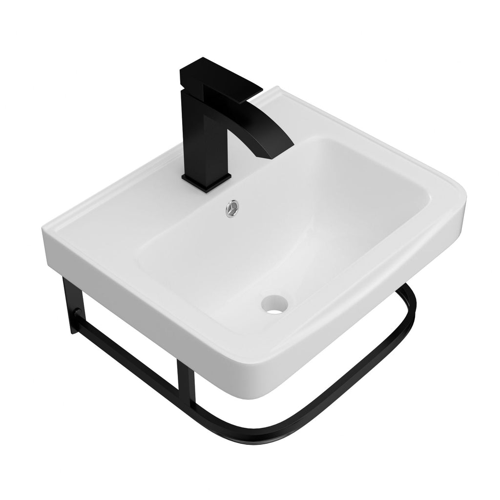 Wall Mounted Bathroom Sink with Towel Bar & Overflow - White / Black