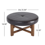 Round Leather Ottoman Coffee Table with Solid Wood Base