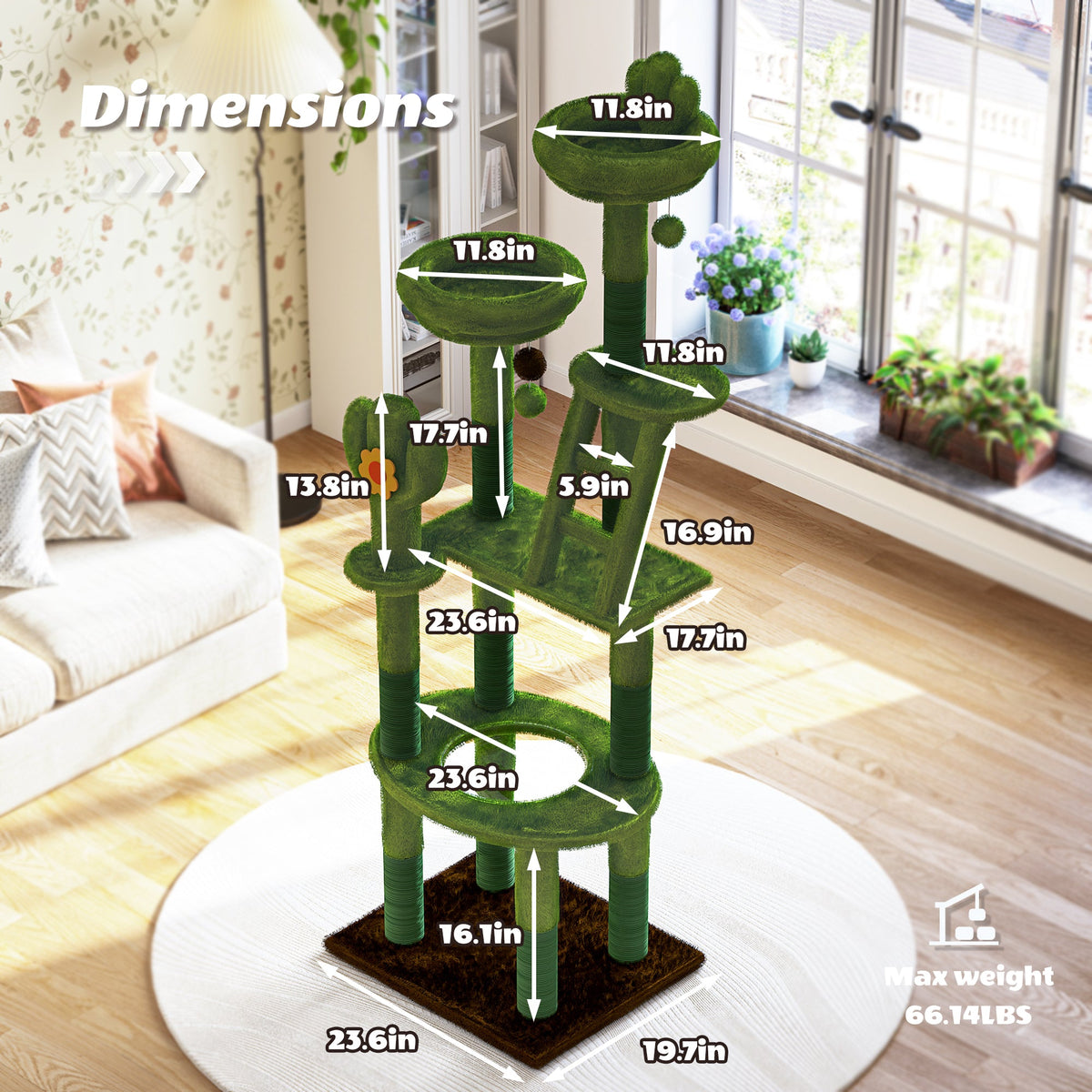 72in Cactus Cat Tree Tower with Transparent Capsule - Green