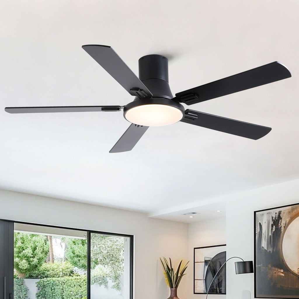 Flush Mount Ceiling Fan with LED Light and Remote Control - Black, White, Pearl Silver