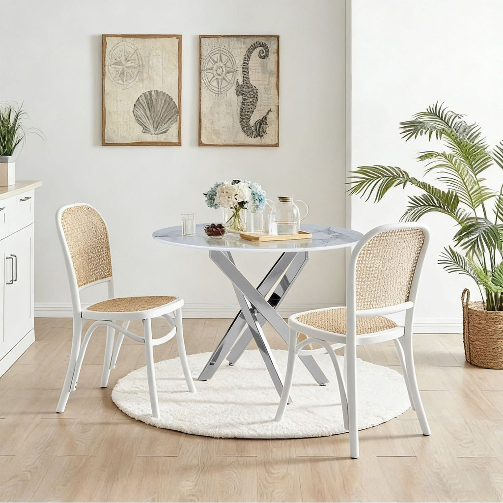 Modern Round Dining Table with Metal Frame - Pearl Silver, Gold, or White