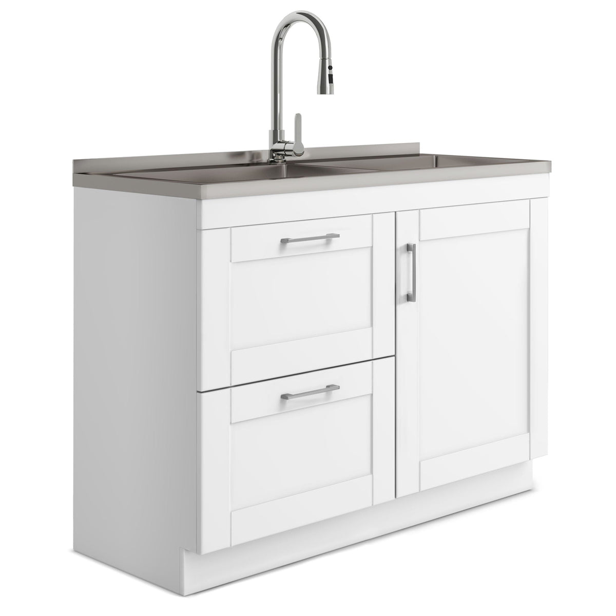 Wide Laundry Cabinet with Faucet and Deep Stainless Steel Sink - White
