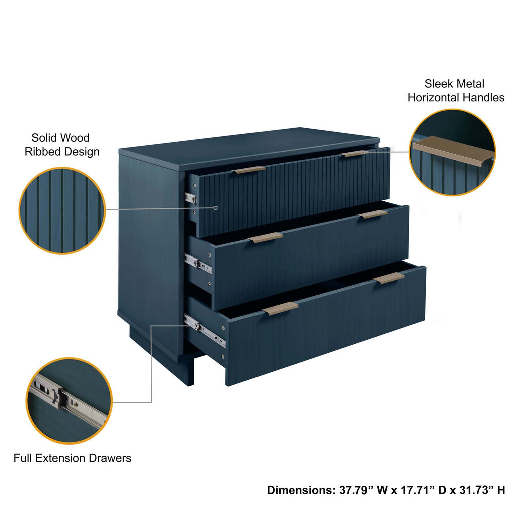 Solid Wood 3 Drawer Dresser with Ribbed Fronts - Multiple Colors