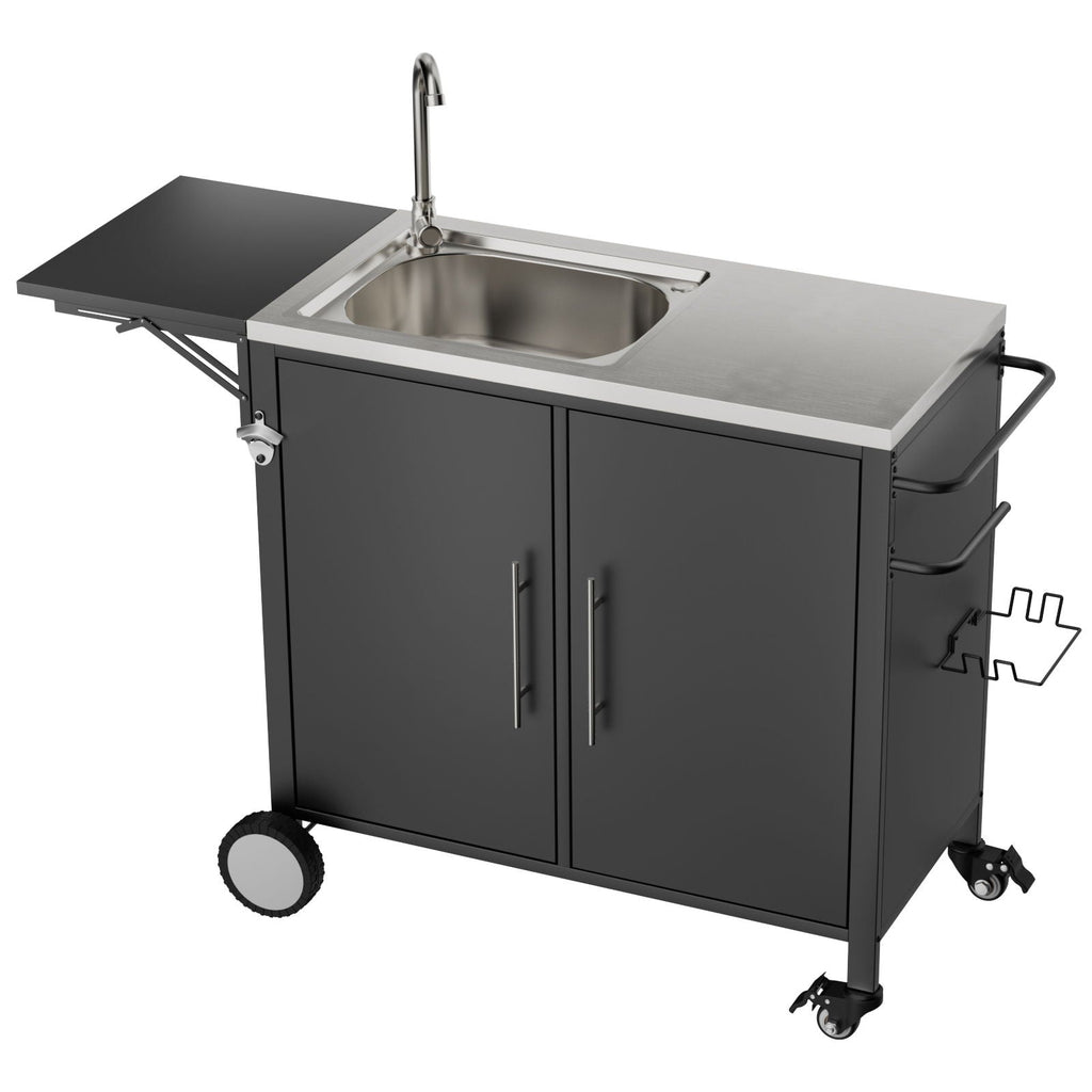 Outdoor Grill Table With Sink and Foldable Work Surface - Black