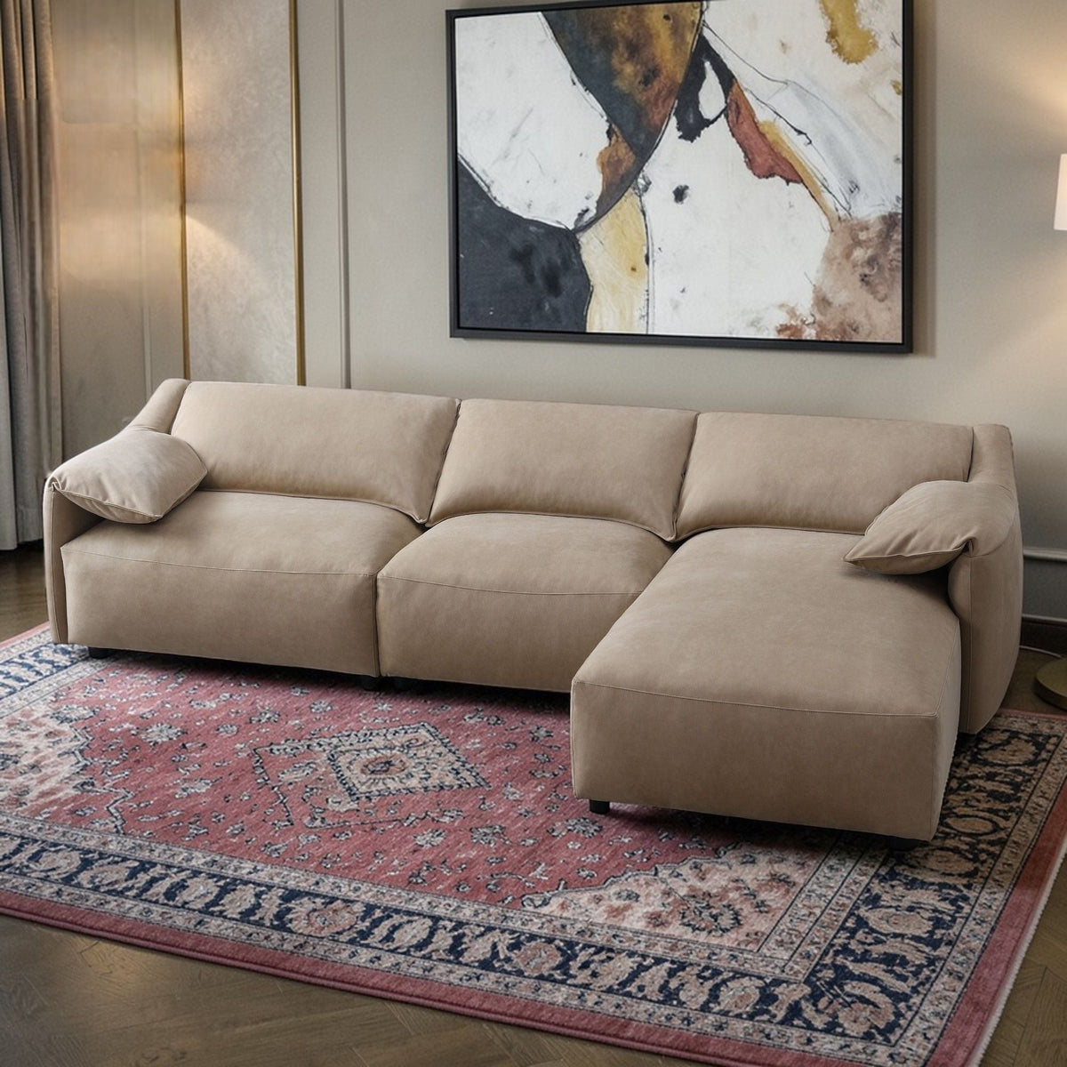 Light Brown Sectional Sofa with Feather Down Cushions - Suede