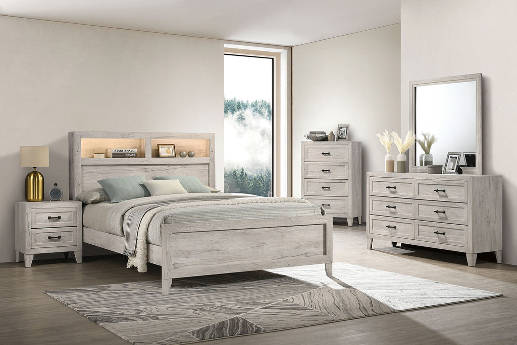 Queen Size Bed with Headboard Shelves and Light - White Wash Finish