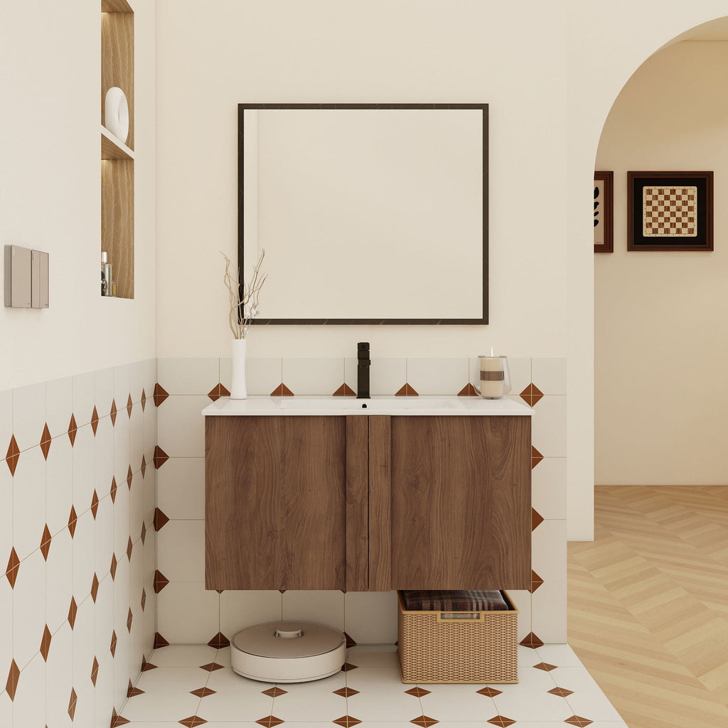 Floating Bathroom Vanity With Sink Combo with Soft-Close Doors - Brown or Light Brown