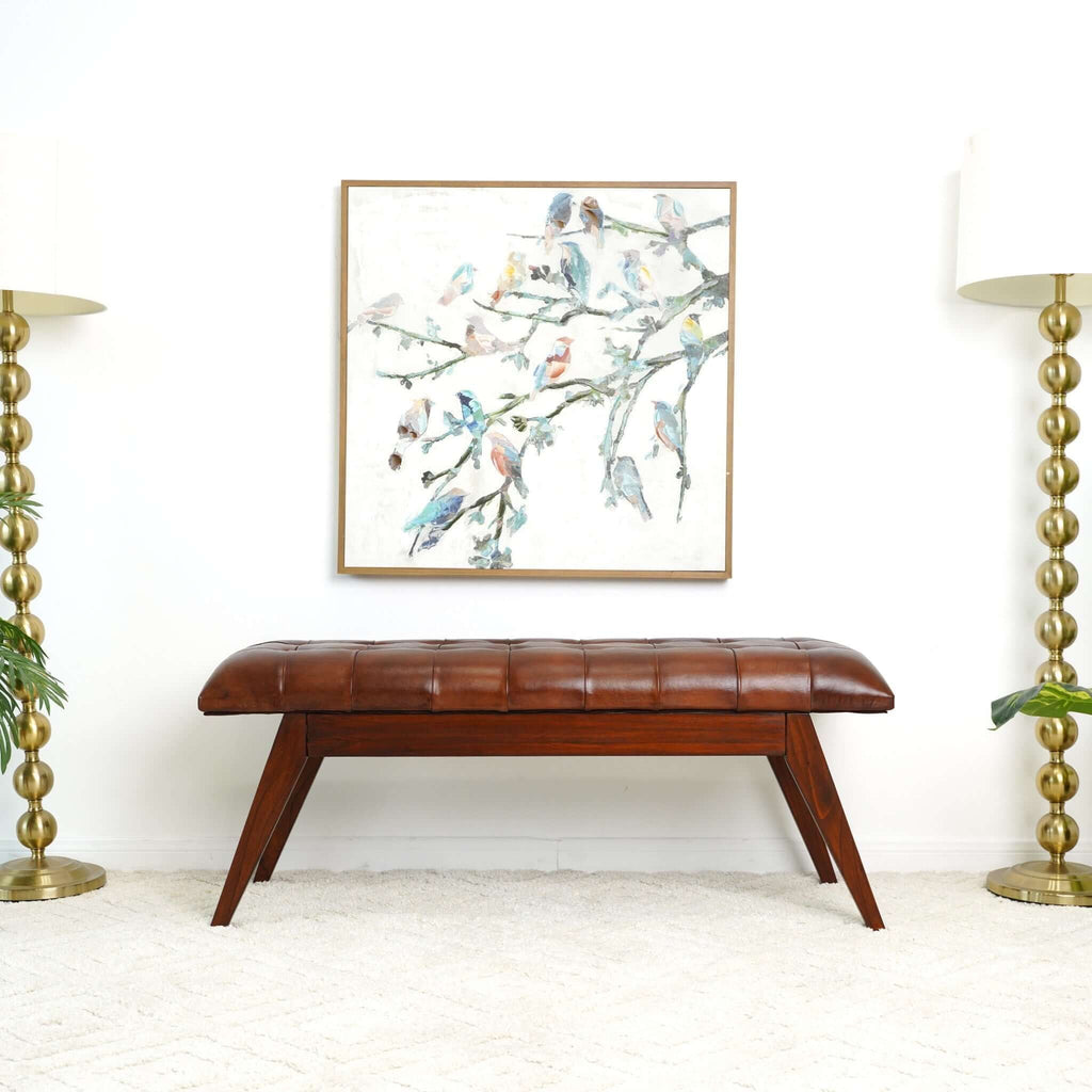 Cognac Genuine Leather Upholstered Bench with Solid Wood Frame - Dark Brown