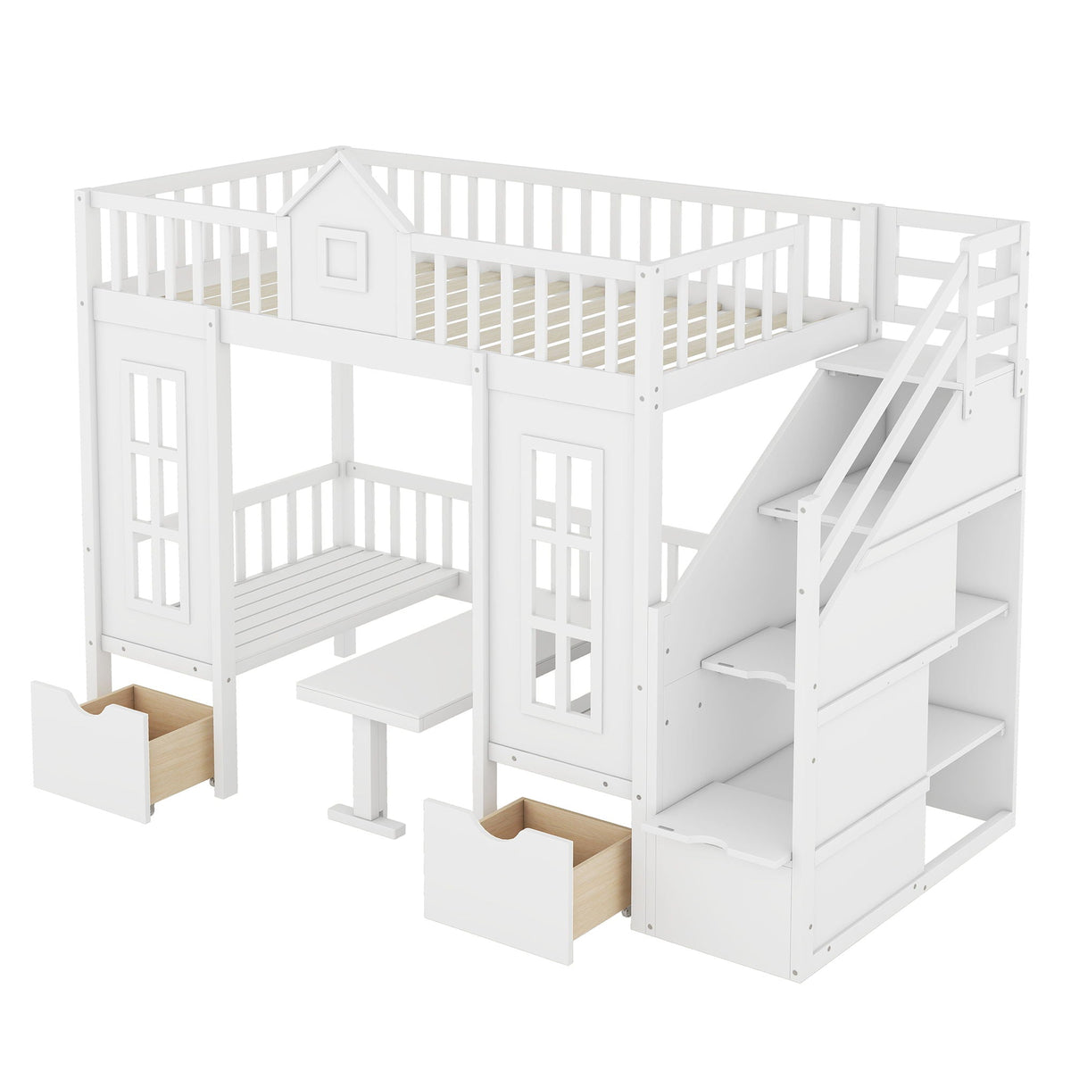 Twin Over Twin Bunk Bed with Convertible Desk - Pink or White