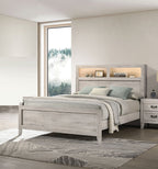 Queen Size Bed with Headboard Shelves and Light - White Wash Finish