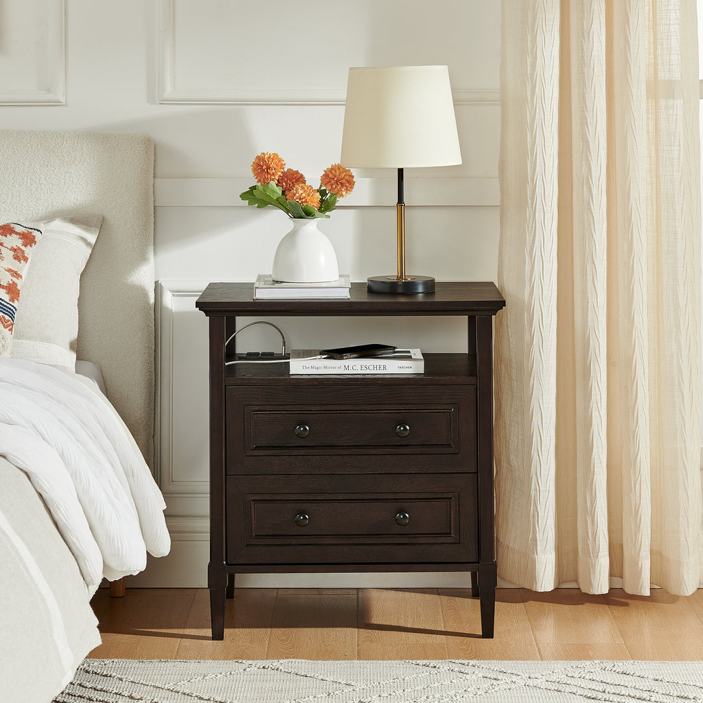 Wooden Bedside Nightstand with Open Cubby & 2 Storage Drawers