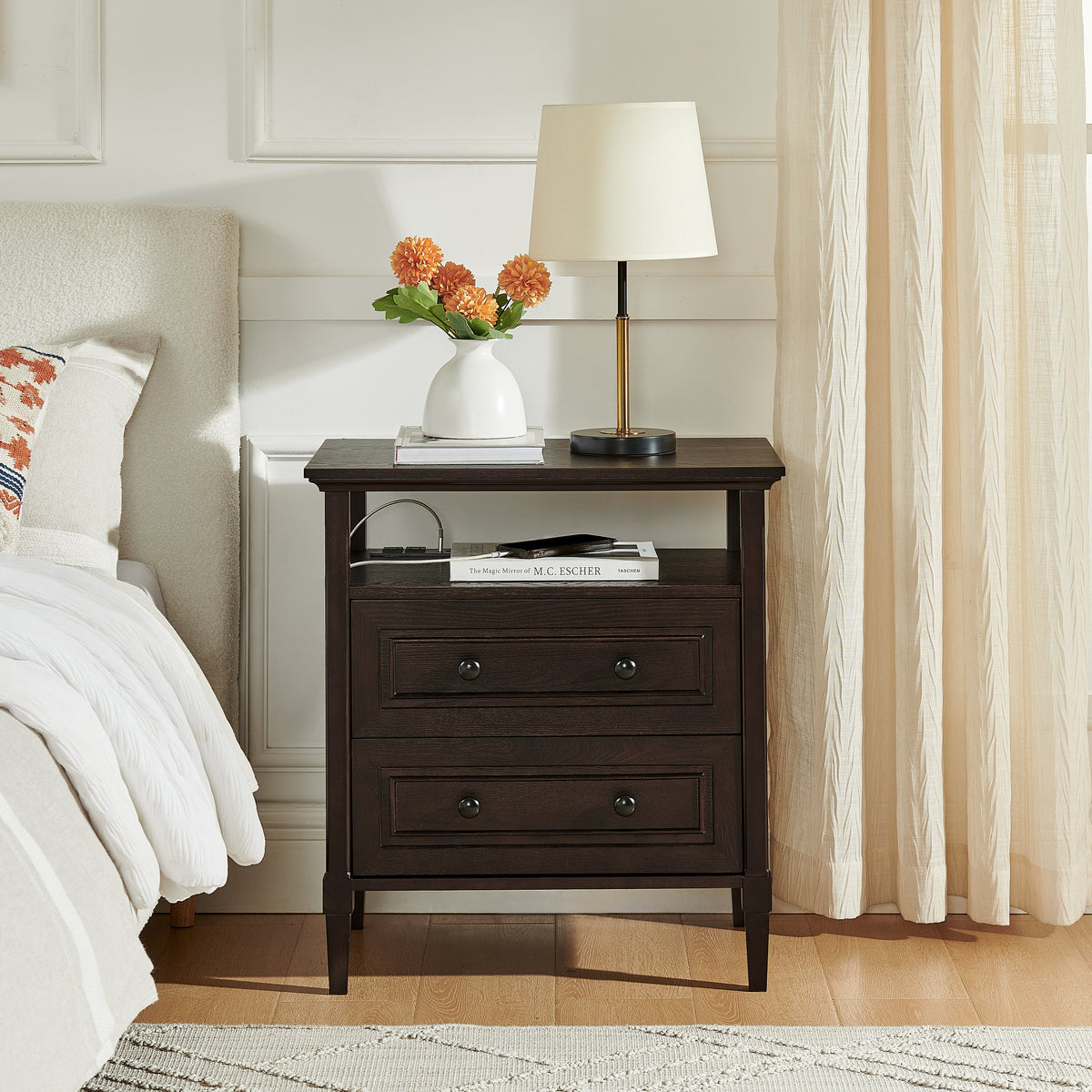 Wooden Bedside Nightstand with Open Cubby & 2 Storage Drawers