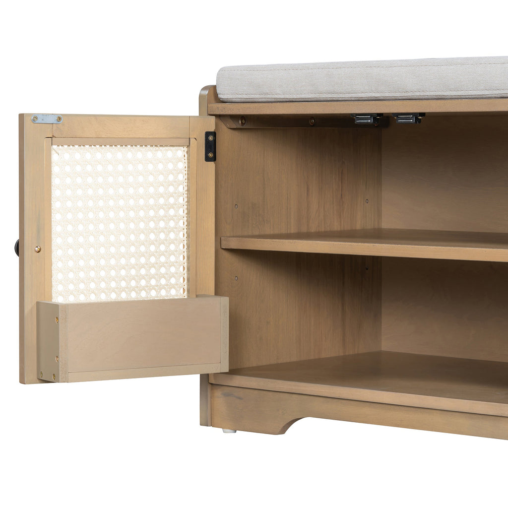 Rustic Storage Bench with Woven Rattan Doors - Natural Wood Finish