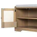 Rustic Storage Bench with Woven Rattan Doors - Natural Wood Finish