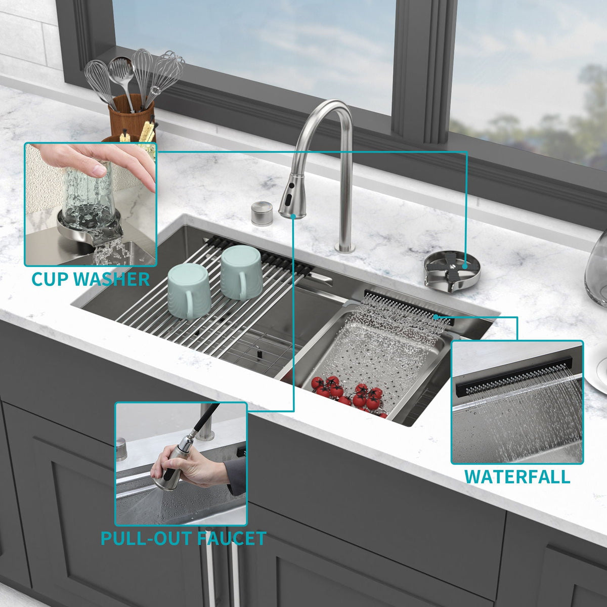 Undermount Stainless Steel Kitchen Sink with Pull Down Faucet & Ledge Workstation - Gray or Black