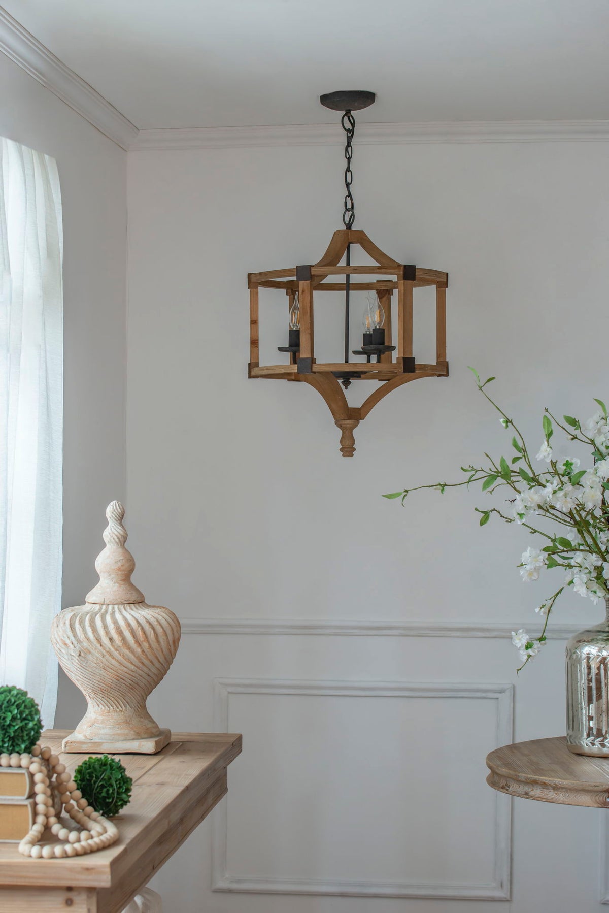 3 Light Wood Drum Chandelier