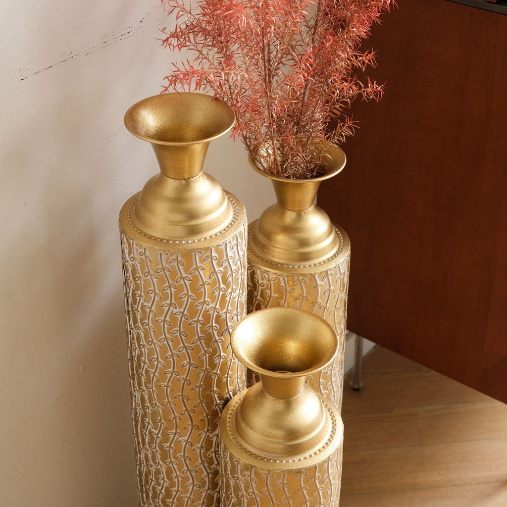 Gold Metal Floor Vases Set with Vine Pattern – Set of 3