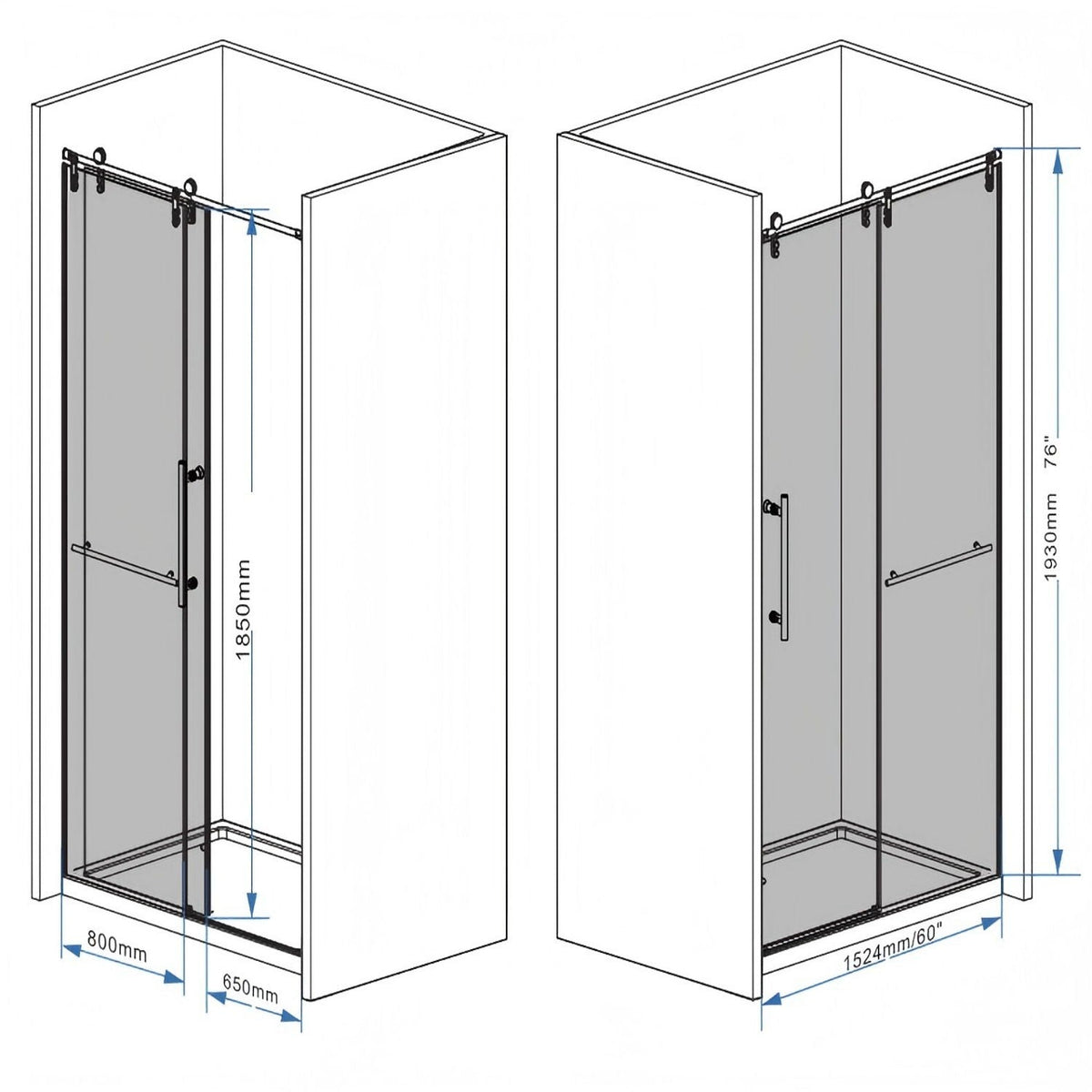 Frameless Sliding Bathtub Door with Tempered Glass - Black or Gray