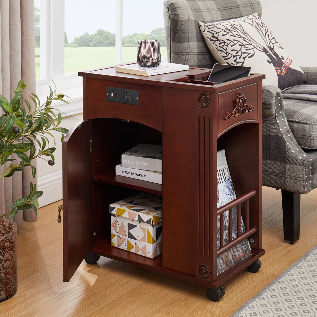 Traditional End Table with Charging Station - Red Walnut