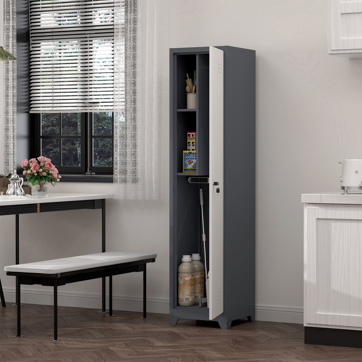 Broom Storage Cabinet Narrow Slim with Hooks and Shelves, Heavy-Duty