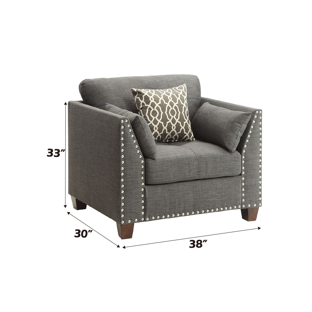 Light Charcoal Arm Chair with 3 Pillows and Nailhead Trim